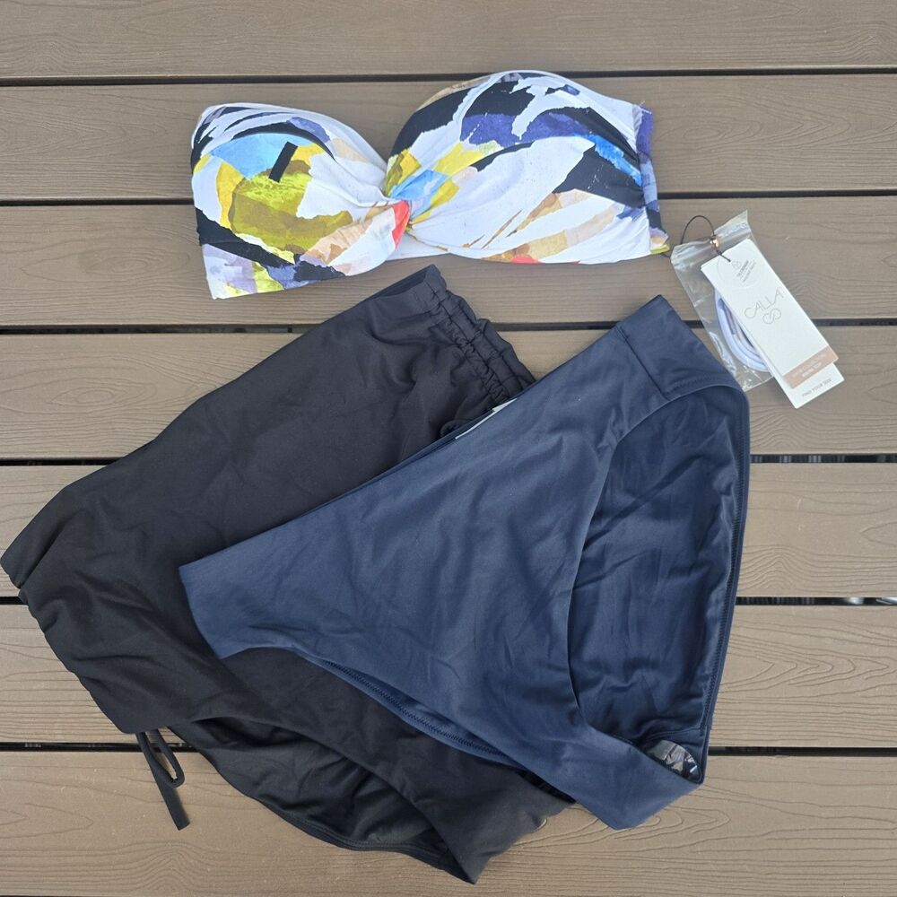 CALIA Women's Collage Bandeau Top W/ Bundle Black/blue Bikini Sz L New